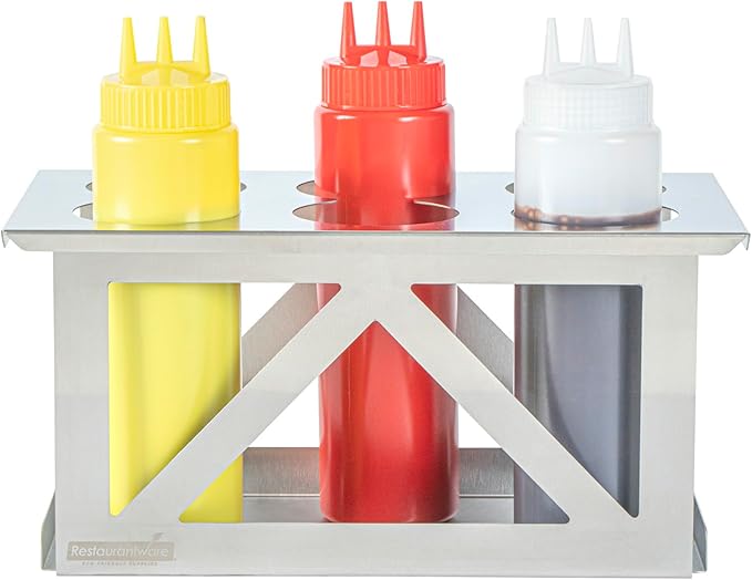 Restaurantware Squeeze Bottle Organizer 1 Count 12.79 x 7.09 x 6.26 Inch Durable Stainless Steel Condiment Dispenser Rack Six Hole Easy-To-Clean Holder Silver Rectangular Design for Commercial Kitchen