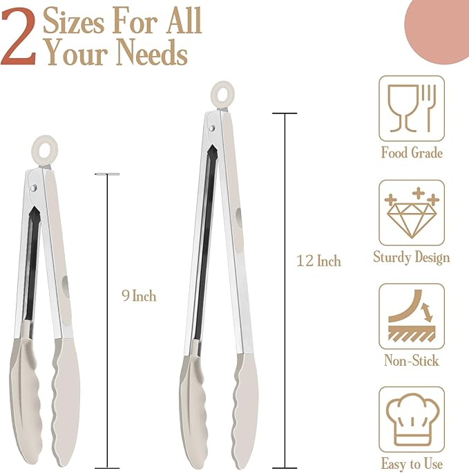 TeamFar Kitchen Tongs, 9"&12" Stainless Steel Heat Resistant Cooking Tongs