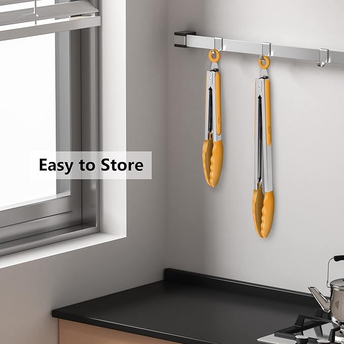 2 Pack Silicone Kitchen Tongs, 9 & 12 Inch, Stainless Steel, Orange