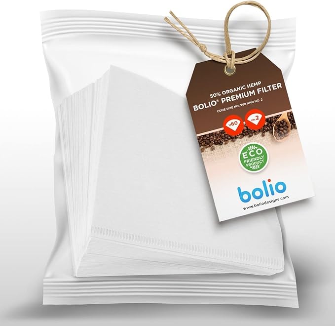 Bolio Premium Hemp White Paper Cone Coffee Filters - Peroxide Whitened - Compatible with V60 and All No.2 Size Pour Over Drippers - (Pack of 100)