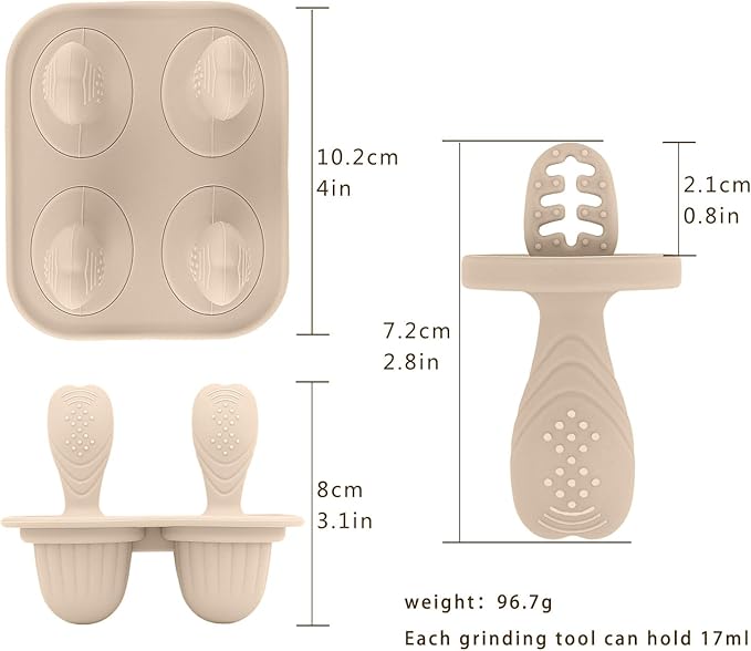 Silicone Baby Ice Pop Molds with Easy-Grip Handles, 4-Cavity Frozen Food Feeder Tray for Toddlers, Mini Popsicle Maker for Feeding Stage, Fruit Puree & Breast Milk Snacks(Beige)