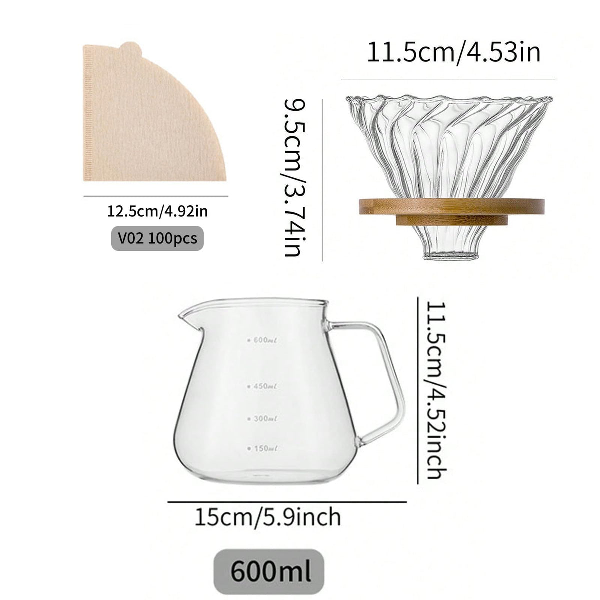 shoxil Pour Over Coffee Maker Set – Drip Coffee Pot with bamboo Handle, Glass Coffee Dripper & 100 Filters, 20oz/600ml Capacity