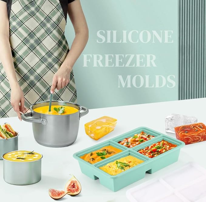 BIONMAPLE 2 PACK 1 Cup Silicone Freezer Trays With Lid For Freeze & Store Soup, Broth, Leftovers, Microwave-safe Soup Freezer Container - Green