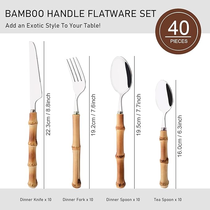 Uniturcky 40PCS Silverware Set for 10, Bamboo Handle Flatware Set, Stainless Steel Cutlery Set for Home Restaurant and Party, Bamboo Forks Spoons and Knives Set, Polished Tableware