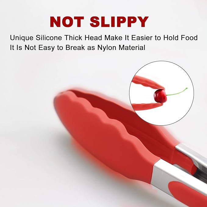 2 Pack Silicone Kitchen Tongs, 9 & 12 Inch, Stainless Steel, Red