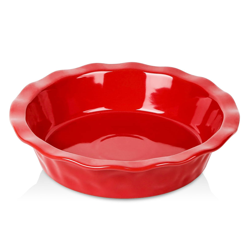 vicrays Ceramic Pie Pan for Baking - 9 inch Pie Plate, Round, Fluted and Deep Pie Dish for Tart, Pizza, Apple Pie, Quiche, Pot Pies, Cake - Reactive Glaze (Red)