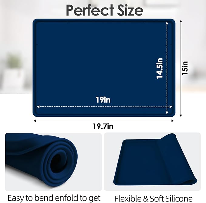 Silicone Coffee Maker Mat with Lip for Countertops, 19.7'' x 15'' Navy Blue