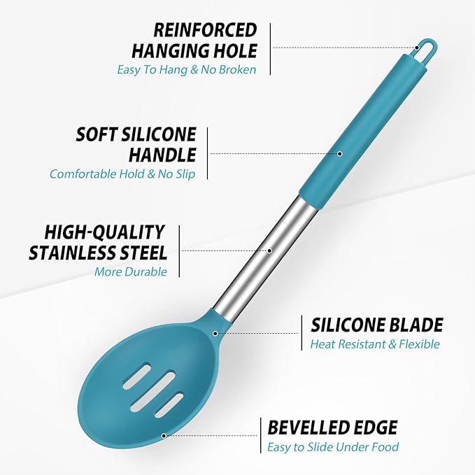 Pack of 2 Large Silicone Cooking Spoons, BPA Free Kitchen Scoops (Blue)