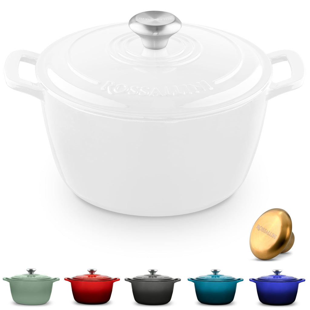 ROSSALLINI Signature Enameled Cast Iron Dutch Oven, Non-Stick Serving Pot with Tight Fitting Lid for Perfect Roasting, Baking, Sauteing, and Bread Making | 13.5Q (12.7L) - White