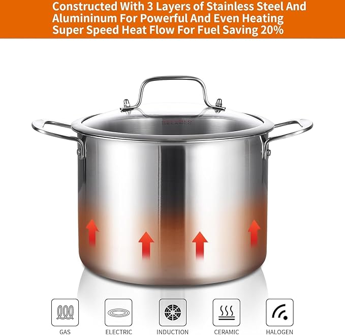 DELARLO Tri-ply Stainless Steel 20 Quart Heavy Duty Induction Stock Pot