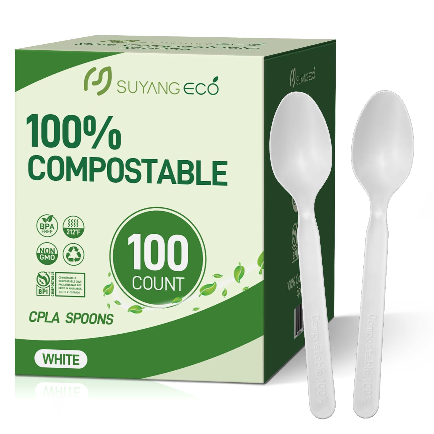 Compostable Spoons 100 Count Heavy Duty 100% No Plastic Spoons Bulk Cornstarch Biodegradable Spoon Eco Friendly Compostable Utensils for Party Campin