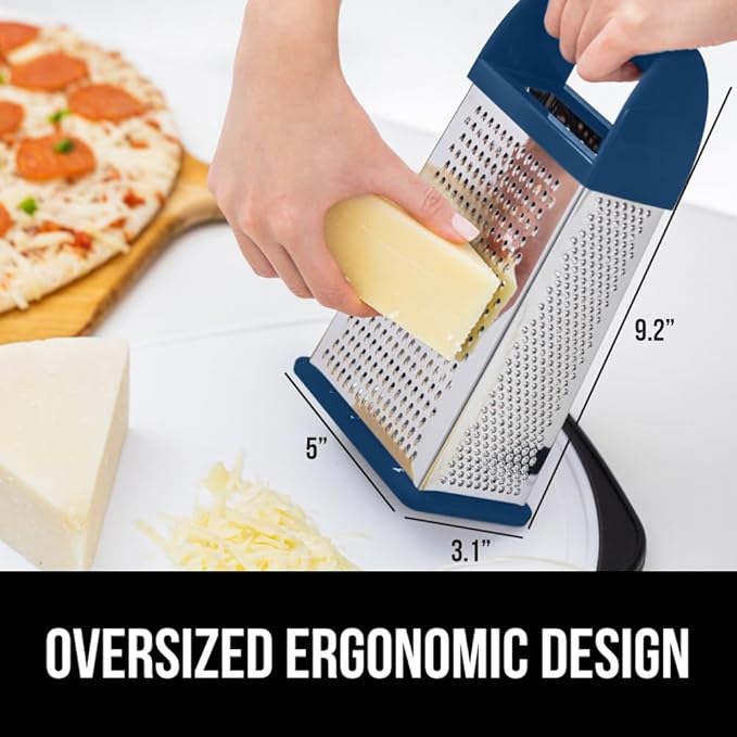 GORILLA GRIP® XL 4-Sided Stainless Steel Cheese Grater With Measurement Container, BPA-Free Box Grater, Slip Resistant Base, Grate Hard Parmesan, Shred Veggies, Zest Citrus, Dishwasher Safe