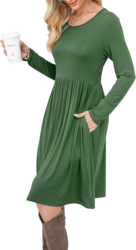 DB MOON Women Casual Long Sleeve Dresses Empire Waist Loose Dress with Pockets (Army Green, L)