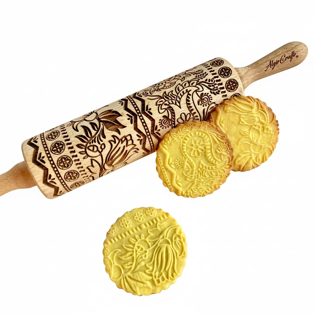 ECHO Embossing Rolling Pin with Ornamental Bloom Pattern – Dough and Clay Roller for Embossed Cookies and Pottery - Cookie and Ceramic Stamp - Baking Gifts for Women by Algis Crafts