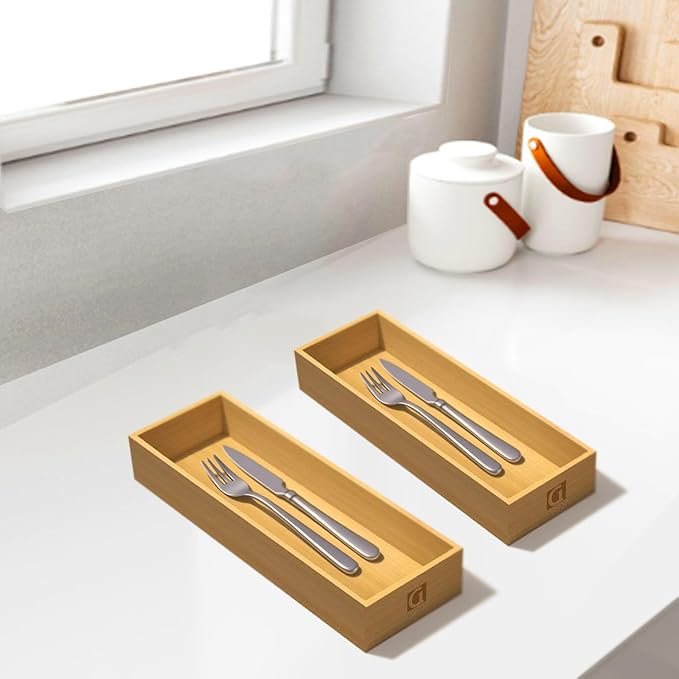 guiogc Bamboo Drawer Silverware Organizer, Silverware Tray, Flatware Organizer, Bamboo Storage Box Suitable for Office, Bathroom and other objects storage (9.85"x3.55"x1.78"- Set of 2)