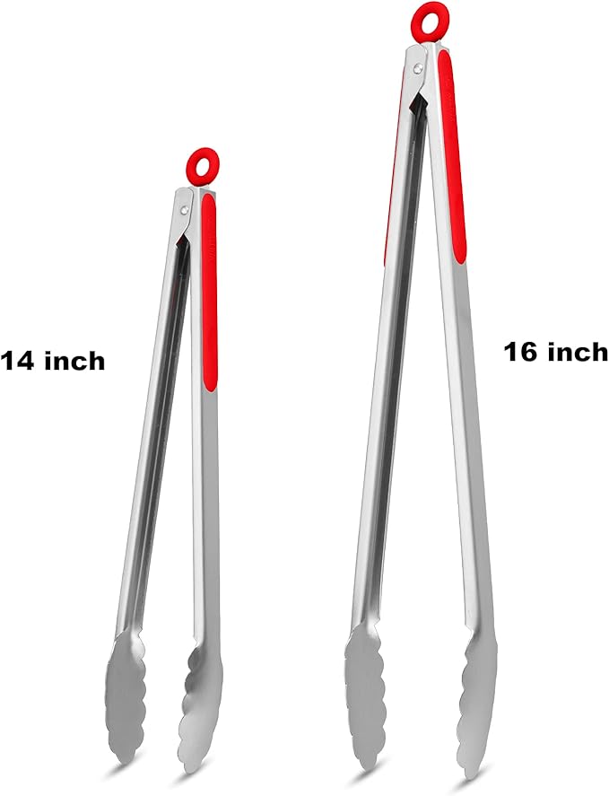 304 Stainless Steel Kitchen Cooking Tongs, 14 & 16 Inch, Set of 2, Red