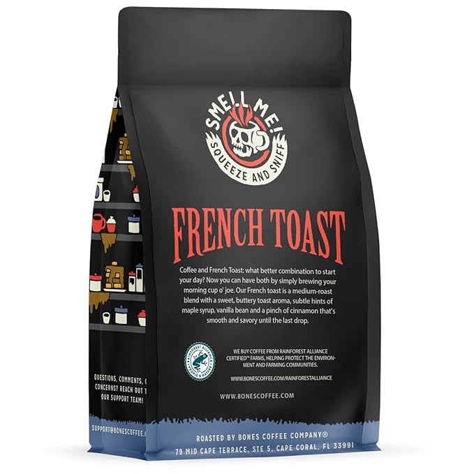 Bones Coffee Company French Toast, Sweet and Buttery Flavored Coffee, Medium Roast Low Acid Arabica Beans Compatible with Auto drip and French Press Coffee Maker, 12 Oz Ground