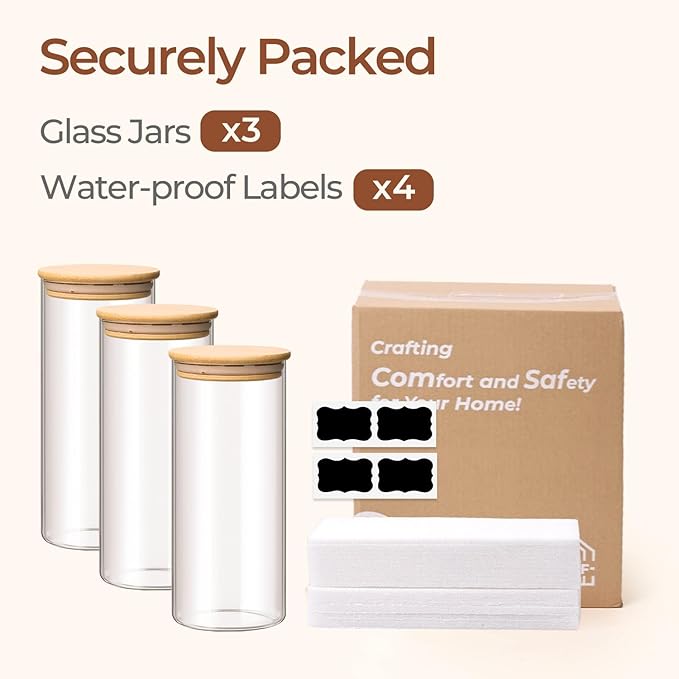 ComSaf Glass Storage Containers wtih Lids 1.7 Qt, 3 Pack Glass Storage Jars