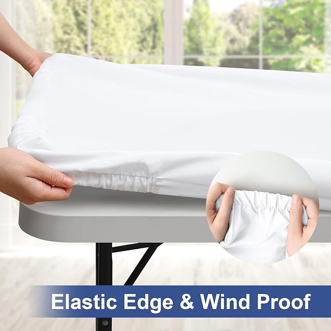 homing Rectangle Table Cloth Cover, Water-Resistant Polyester Elastic Fitted Tablecloth, Fits for 6 Foot Folding Tables, Washable Table Protector for Picnic, Camping, Outdoor (White, 36" x 72")