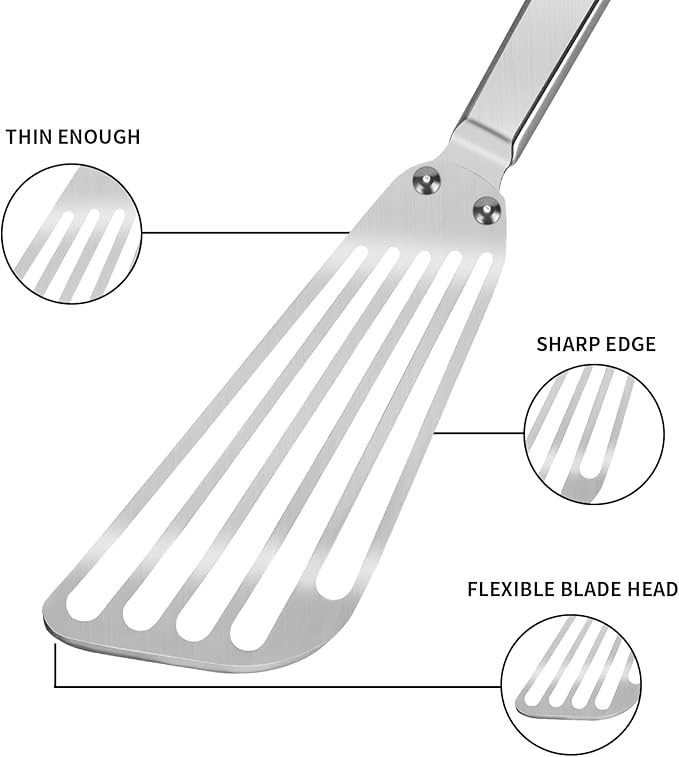 STANFORD Thin Flexible Fish Spatula Stainless Steel, Sturdy Fish Spatula Egg Egg Flipper for Kitchen Cooking Use with Thin Flexible Blade and Ergonomic Hollow Handle, Dishwasher Safe -Silver