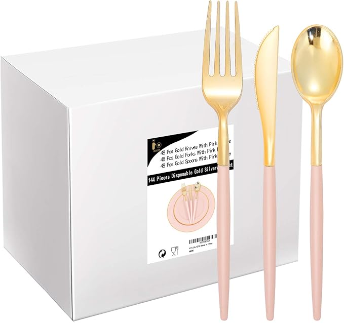 I00000 144 Pink Plastic Silverware, Fancy Gold Silverware with Pink Handle