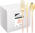 I00000 144 Pink Plastic Silverware, Fancy Gold Silverware with Pink Handle