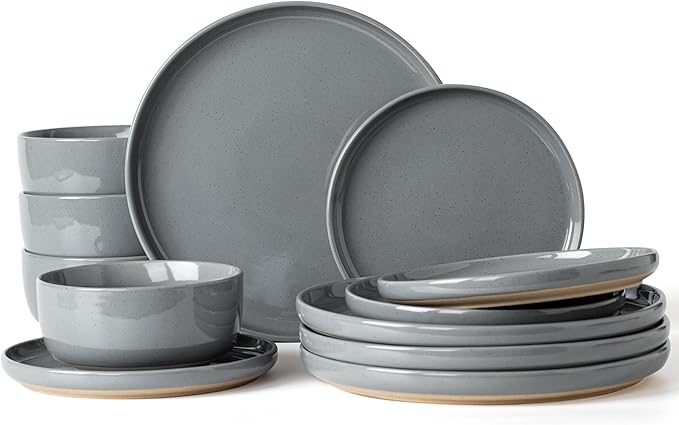 Famiware Milkyway 12-Piece Stoneware Dinnerware Set, Dark Gray