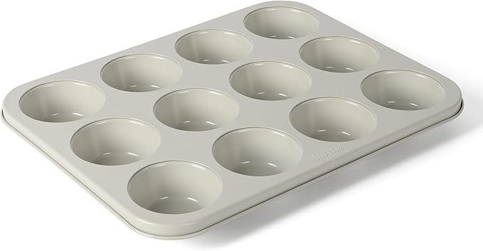 Martha Stewart Gallen 12 Cup Nonstick Carbon Steel Muffin and Cupcake Pan – Cool Grey, Durable Bakeware for Even Baking and Easy Release