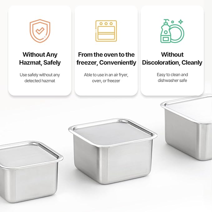 EVERSTEN CuBE High 3PCS Set Stainless Steel Food Storage Containers With Lids and 3 Net Kitchen Appliances Dishwasher Safe Premium South Korea