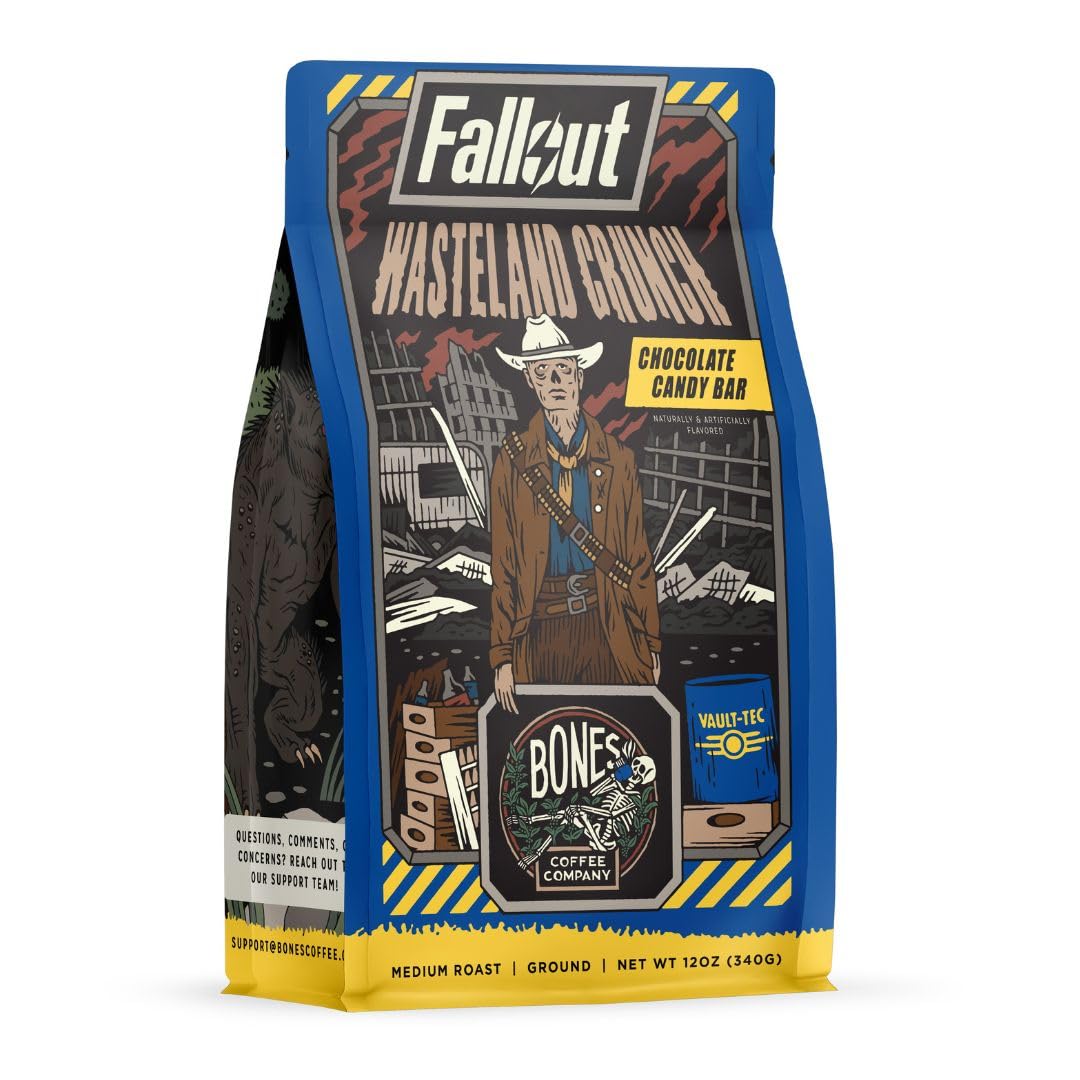 Bones Coffee Company Fallout Valiant Vanilla, Vanilla Wafer Flavored Coffee, Medium Roast Low Acid Arabica Beans Compatible with Auto drip and French Press Coffee Maker, 12 Oz Whole Bean