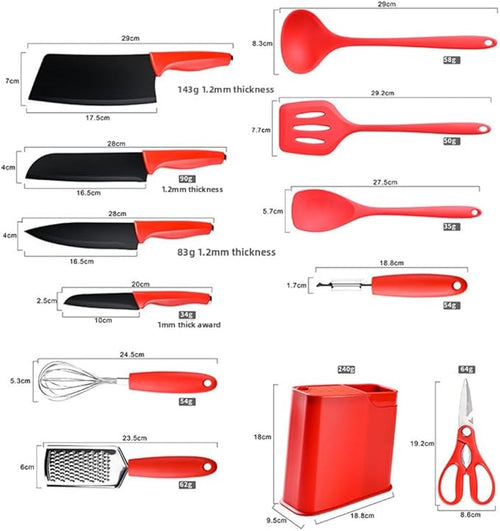 12-Piece Silicone Kitchen Utensil Set with Stainless Steel Knives – Heat-Resistant Spatula, Spoon, Peeler, Non-Scratch Cooking Tools for Frying, Stirring & Daily Cooking (Red)