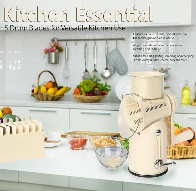 Chef Power's 5 in 1 Rotatory Cheese Grater - Premium Quality Hand Cheese Grater With Handle - Food Chopper for Kitchen - Beige