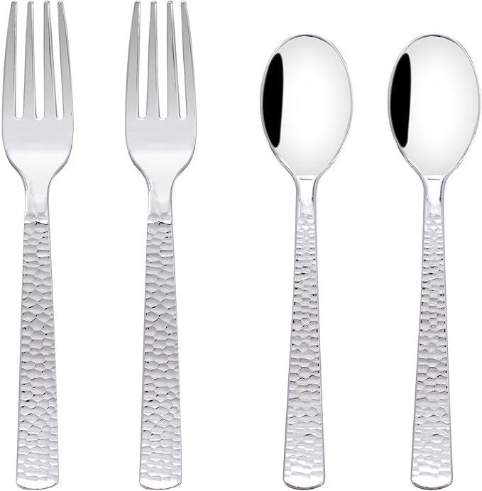 KIRE 400PCS Silver Plastic Forks and Spoons Disposable-Heavy Duty Plastic Silverware Set Silver Spoons and Forks-200 Forks and Spoon for Parties/Birthday/Wedding/Father's Day