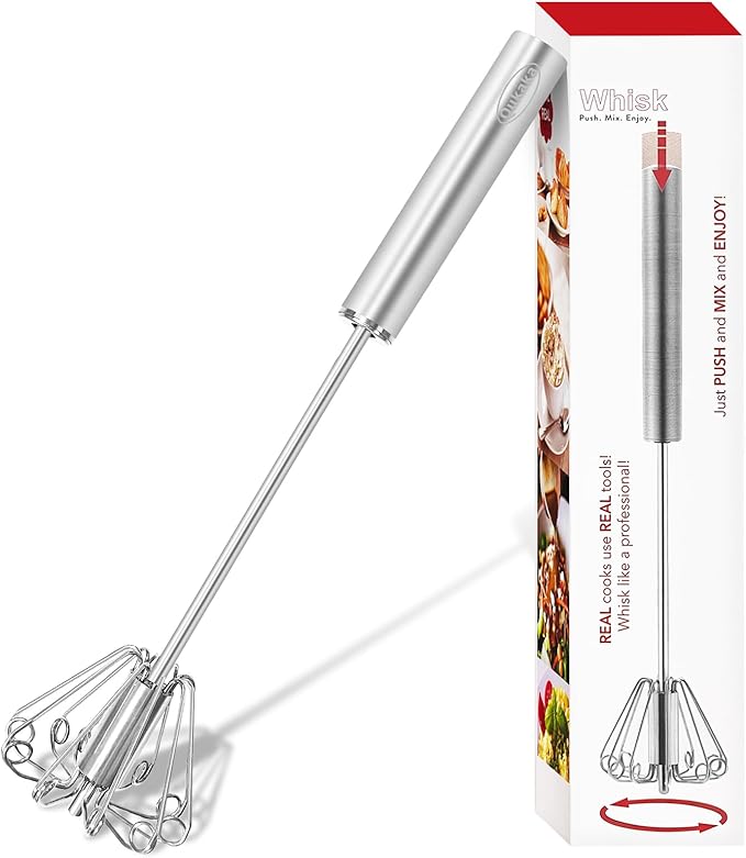 Qukaka Hand mixer egg beater,stainless steel semi automatic whisk,egg spinner,wisking tool,whipped cream dispenser,easy whisks for cooking,Beating&Stirring(12in)
