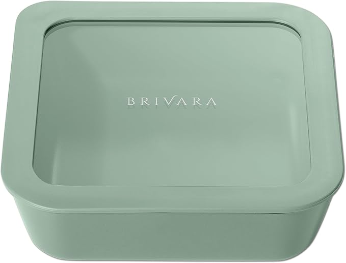 BRIVARA HOME Glass Food Storage Container with Lid, 5-Cup Medium Square | Microwave-Safe Airtight Lid, Oven-Safe Ceramic-Coated Glass | Zero Plastic, No PFAS/PFOA/BPA, Reusable [Willow]
