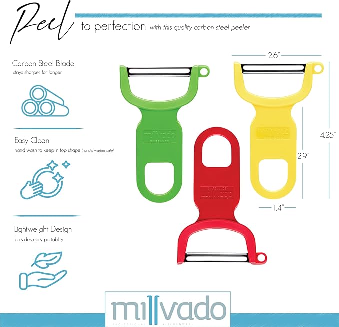 Millvado Vegetable Peeler, Swiss Made Sharp Peelers for Kitchen, Set of 3, Y Peeler for Potatoes, Vegetables, Fruits, Carbon Blade, 4.25 Inches, Green, Red, Yellow, M-5101-G-R-Y