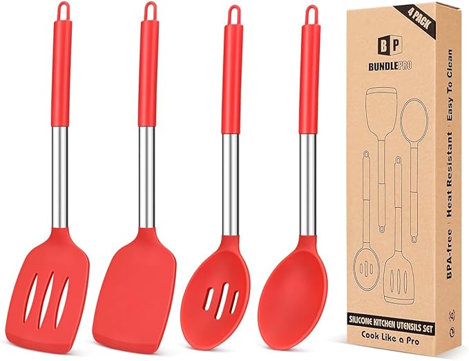 Pack of 4 Silicone Cooking Utensils Set, Non Stick Large Solid Spatulas, Heat Resistant Gray Slotted Spoons, Ideal BPA Free Kitchen Turners for Frying, Mixing,Serving,Draining,Turning,Stirring