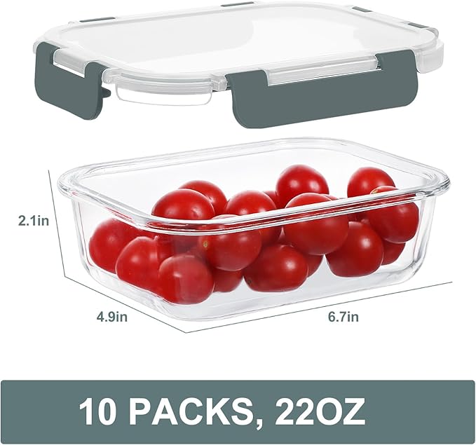 KOMUEE 10 Packs 22 oz Glass Meal Prep Containers, Gray