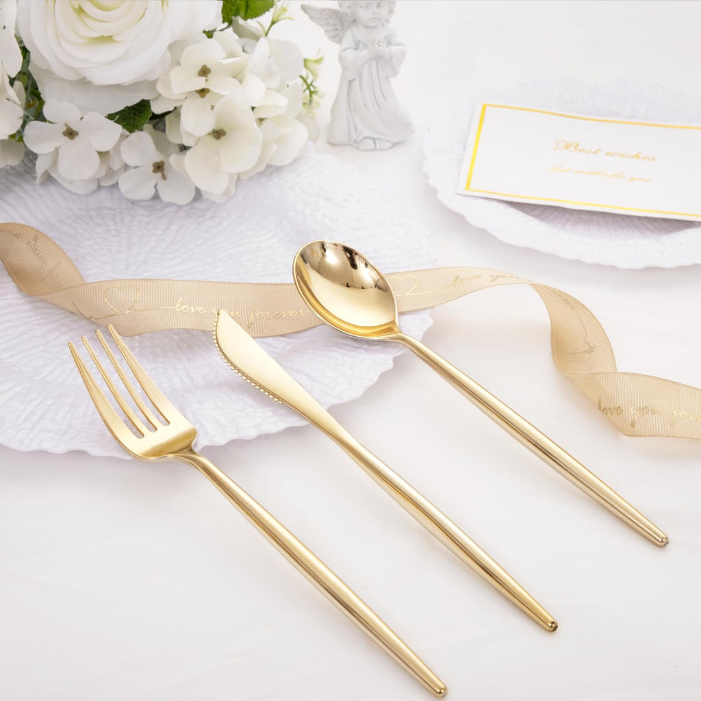 SUT 150PCS Gold Plastic Silverware Set, Heavy Duty Disposable Cutlery for Party,Includes 50 Forks, 50 Spoons and 50 Knives, Elegant Plastic Flatware for Wedding, Birthday and Catering