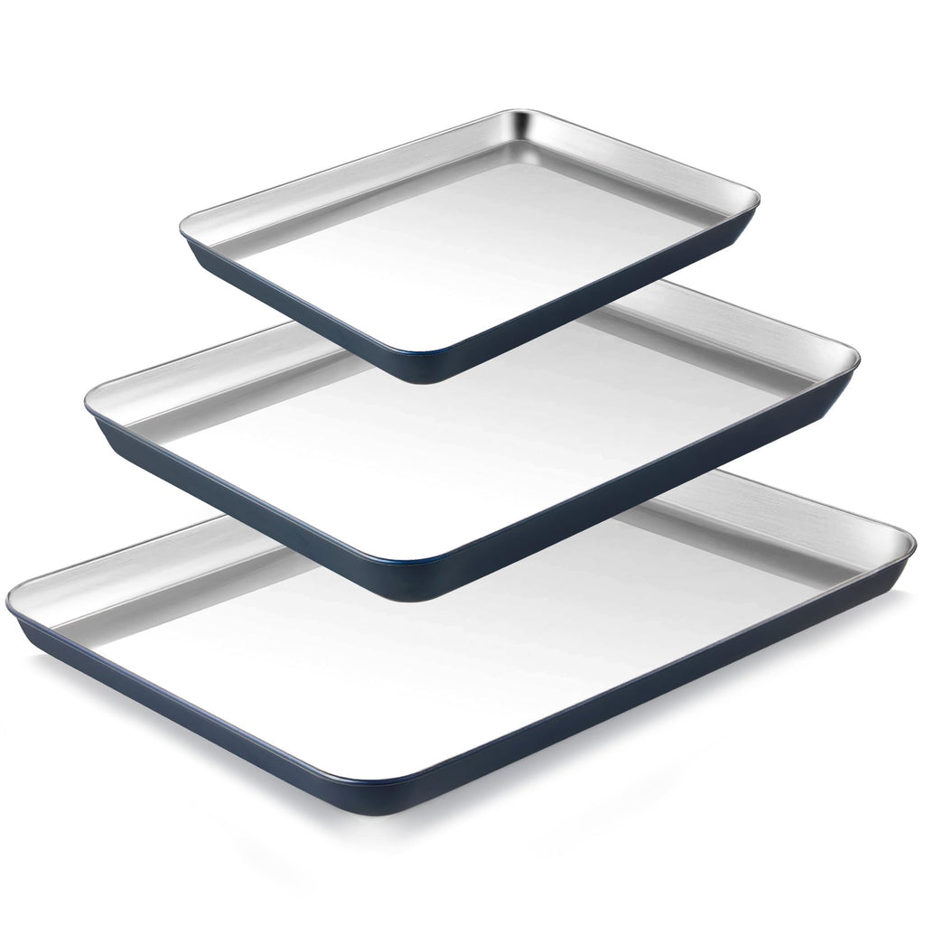 BRONYPRO Stainless Steel Baking Sheet Pan Set of 3, Cookie Sheets 9/12/16 In, Non-Toxic Uncoated Interior (PFOA & PTFE Free), Solid Warp-Resistant Cooking Trays for Oven & Toaster, Navy Exterior