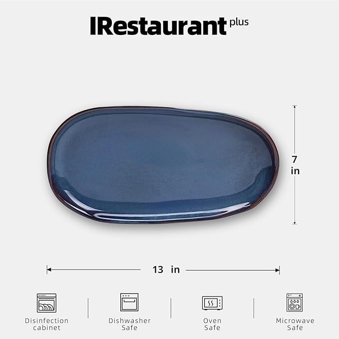 Organic Shape Highland Ceramic Serving Tray, 12pcs 13×7inch Handmade Reactive Glaze Stoneware Tray with Wavy Edge, for Kitchen, Microwave & Dishwasher Safe, Scratch Resistant-Blue