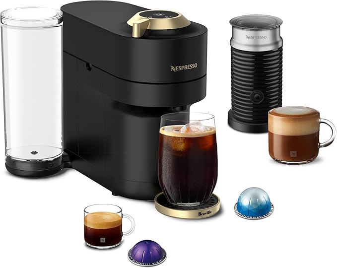 Nespresso Vertuo Pop+ Deluxe Coffee Machine with Frother, Matte Black Gold