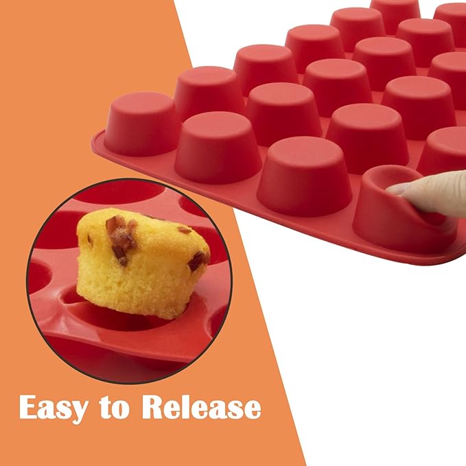 LERIYUFS 24 Cups Silicone Mini Muffin Pan Set, Nonstick Mini Cupcake Pans, BPA Free Small Muffin Tin for Baking, Set of 2 (Red+Red)