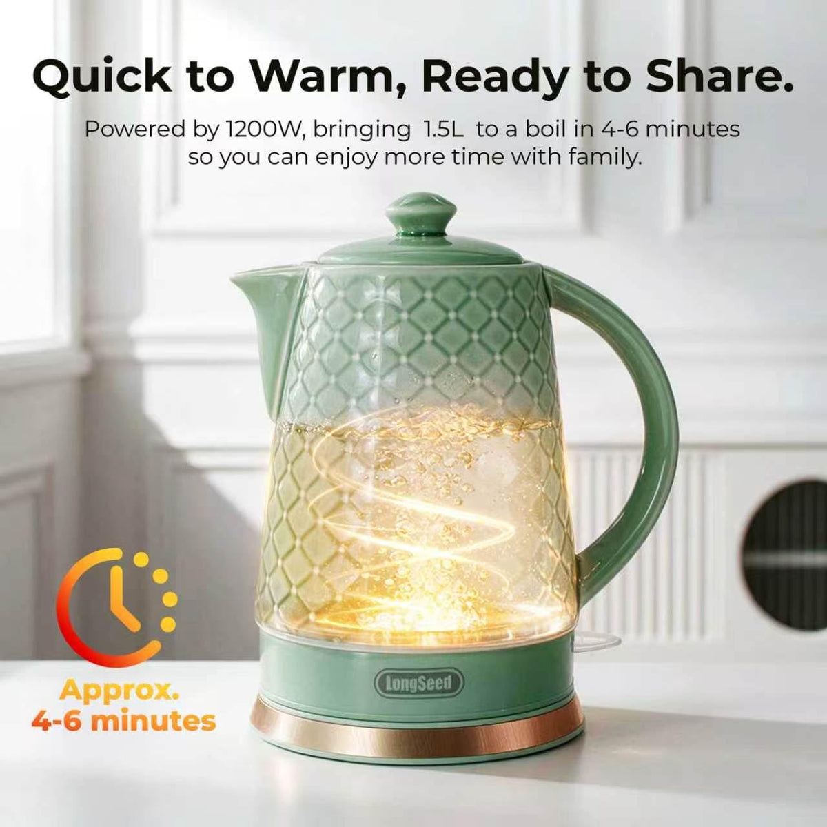 LONGSEED 1.5L Ceramic Electric Kettle, 1200W Fast Boil Retro Tea Pot with LED Light, BPA-Free Porcelain Cordless Water Boiler, Auto Shut-Off & Boil-Dry Protection, Green Relief Carving