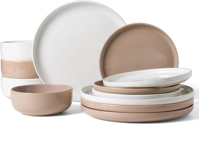 Famiware Milkyway 12-Piece Stoneware Dinnerware Set, White & Cinnamon Brown
