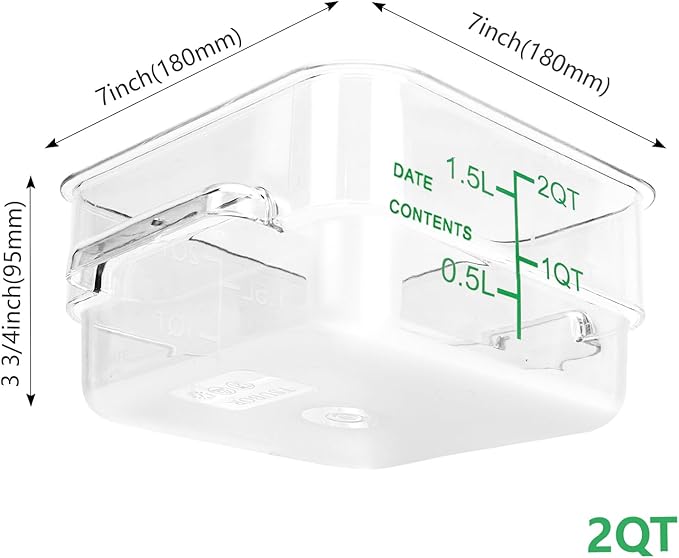 TSUBOR 4 Pack Food Storage Containers with Green Lids, 2.0 Qt - Square, Clear, Polycarbonate, for Restaurant Commercial Kitchen and Home party