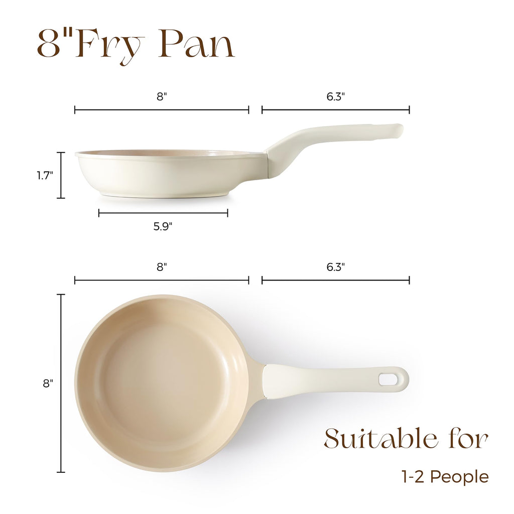 PRICUSIS Nonstick Ceramic Frying Pan, 8/10 Inch Skillet with Stay Cool Handle, Fully Coated, Induction Compatible, 100% Dishwasher Safe, PTFE PFAS & PFOA Free（8 Inch, Coconut White）