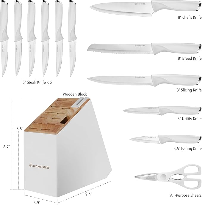 White Knife Set, 13 Pieces Knife Block Set with Built-in Sharpener