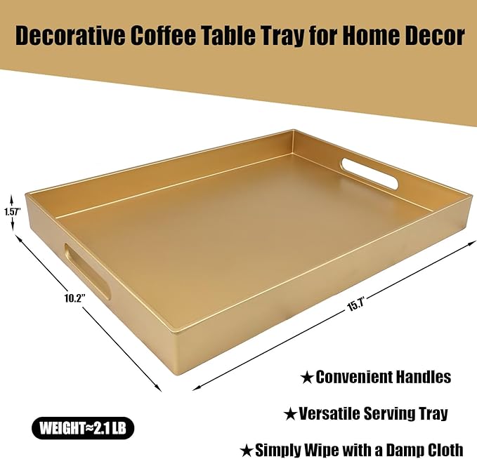 SforGUVA Gold Serving Tray for Coffee Table, Rectangular Plastic Decorative Tray with Handles for Entertaining, Outdoor Patio, Living Room, Ottoman, Bathroom Counter, 11.8”*15.7”*1.6”