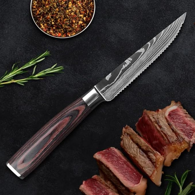 The Epicurean Cook Majesty Series Professional Steak Knife Set with Damascus Pattern - Razor Sharp Serrated Stainless Steel with Wooden Handle (Set of 6 Steak Knives)